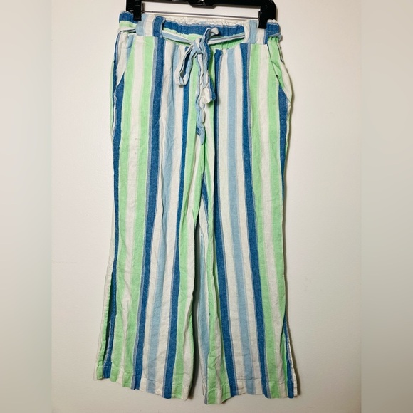 Indigo Rain 100% Linen Wide Leg Pants Pull On Belted Split Hem Sz Large Striped - Picture 1 of 7